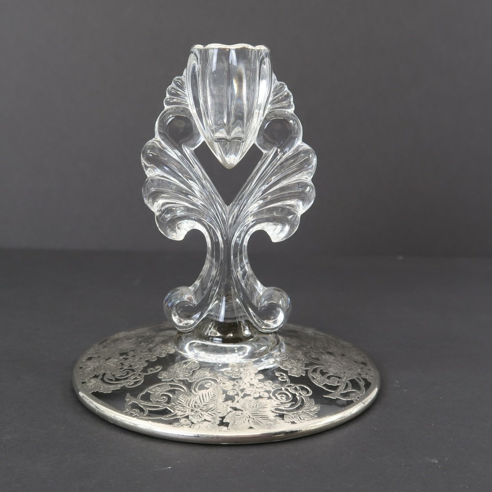 Glass Candle Holders Silver‎ City Grape Leaves Clear Silver Overlay 5.5"